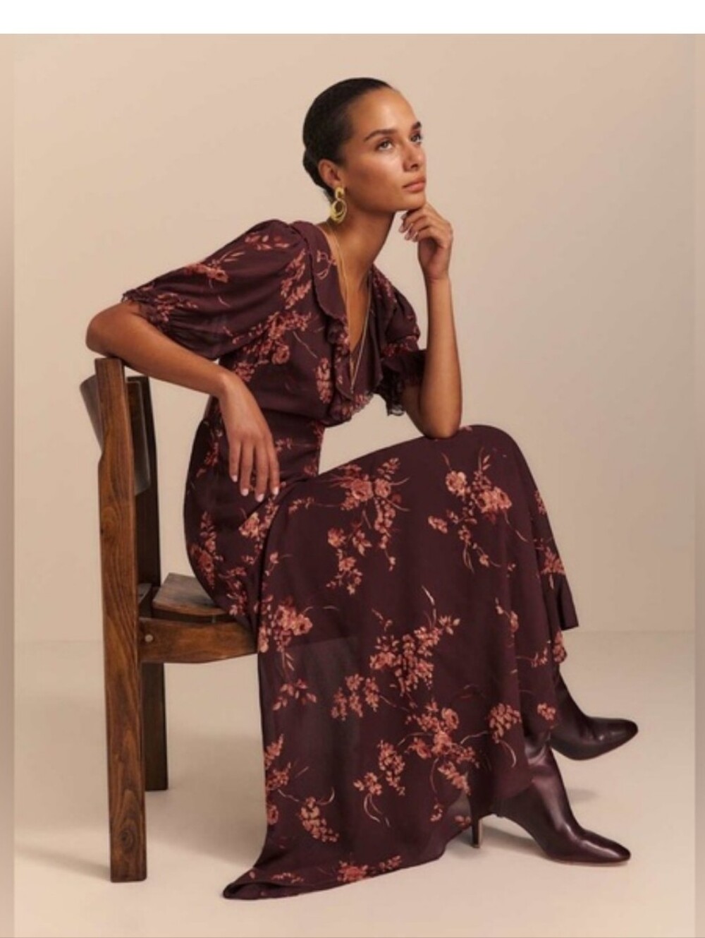 NEW! Reformation Evra Floral Ruffle-Neck Puff-Sleeve Maxi Dress in Lydia Size 6